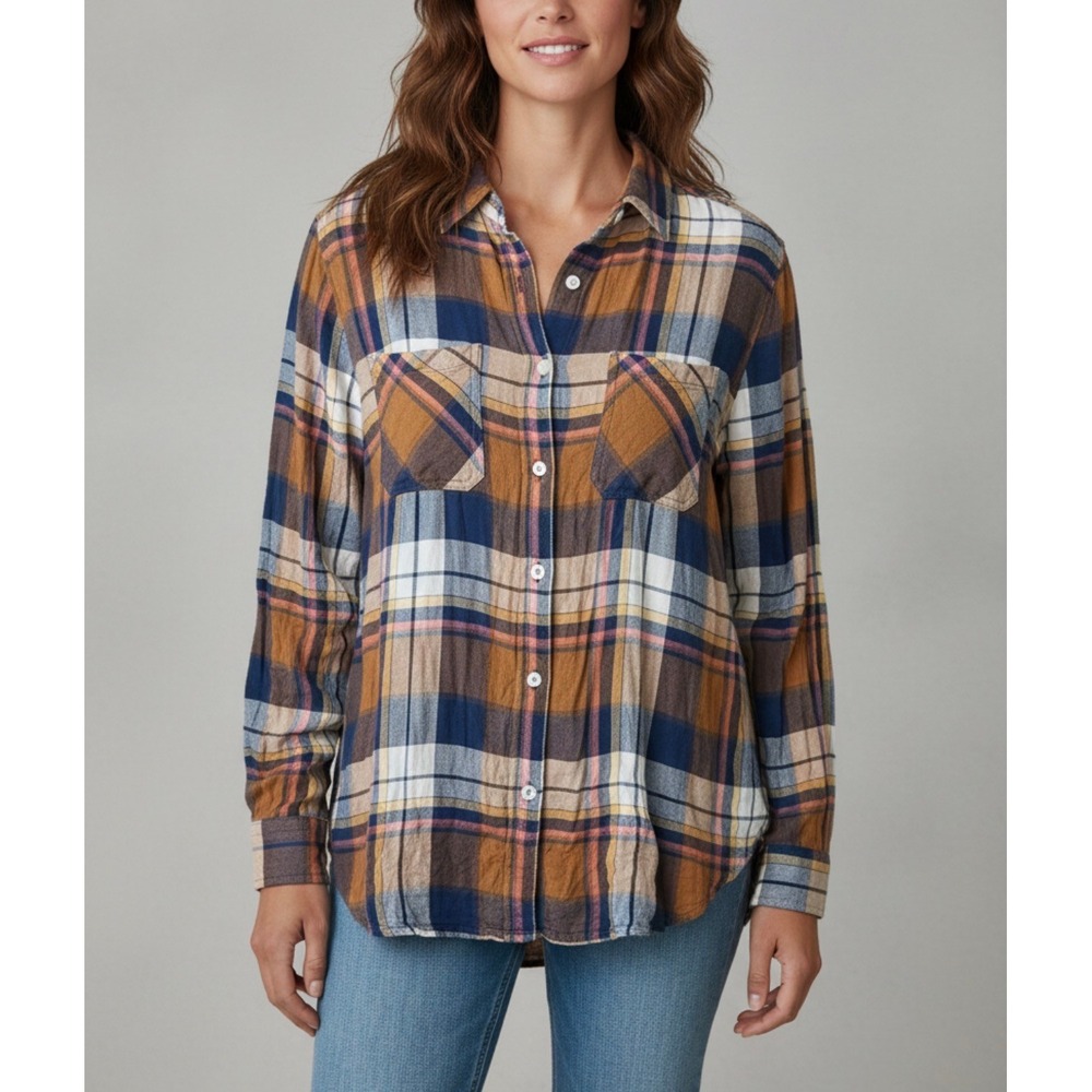 Mossimo Plaid Button Down Boyfriend Fit Women Large Brown Blue
